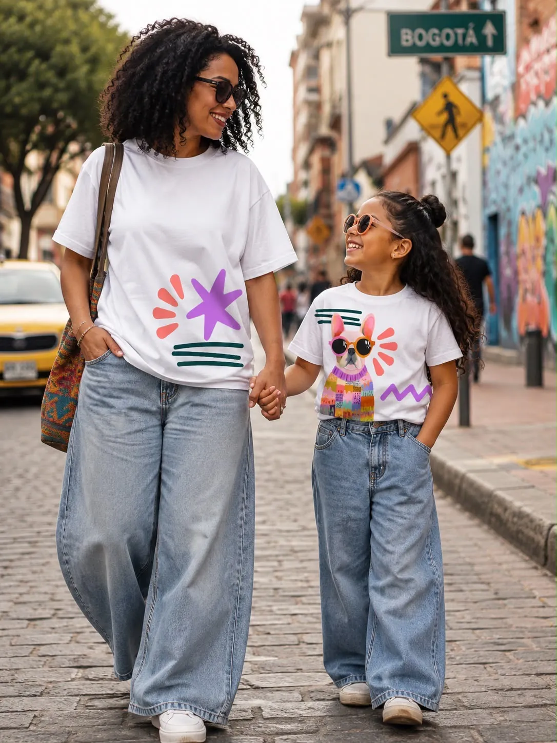Mamá e hija caminando con camisetas de diseños complementarios